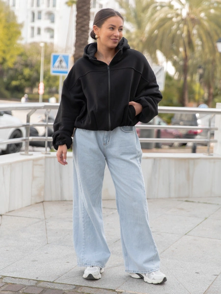 Szeroka dresowa BLUZA typu bomber z kapturem zapinana na zamek czarna X555