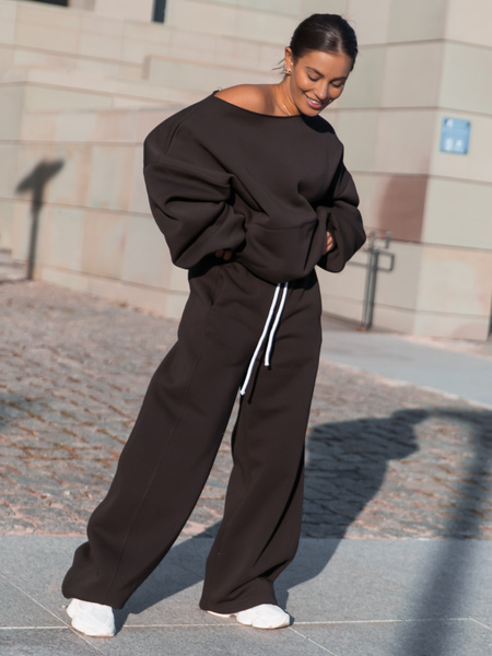 Dresowa bawełniana BLUZA opuszczana na ramiona oversize szeroka dark chocolate X400