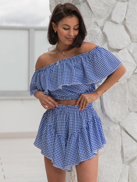 KOMPLET bluzka hiszpanka z odkrytymi ramionami i asymetryczne spódnico spodenki ze zwiewnej tkaniny w kratkę navy blue X209 k01