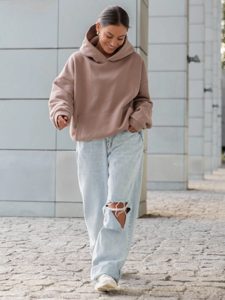 Dresowa bawełniana BLUZA z kapturem kangurka o klasycznym kroju mokka X350