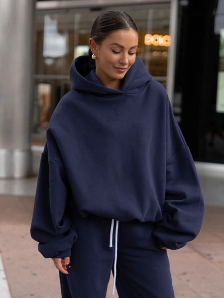 Oversizowa bawełniana BLUZA z dresu drapanego z kapturem navy blue X478