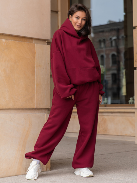 Viralowa Dresowa bawełniana BLUZA z kapturem oversize szeroka bordowa E644