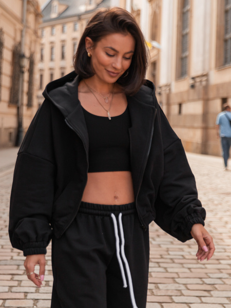 Luźna BLUZA z kapturem zapinana na zamek oversize szeroka z bawełnianej dresówki niedrapanej od wewnątrz czarna X218 k01