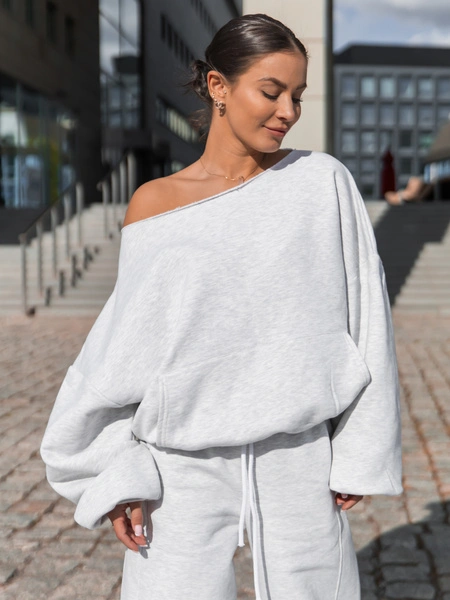 Dresowa bawełniana BLUZA opuszczana na ramiona oversize szeroka szary melanż X400