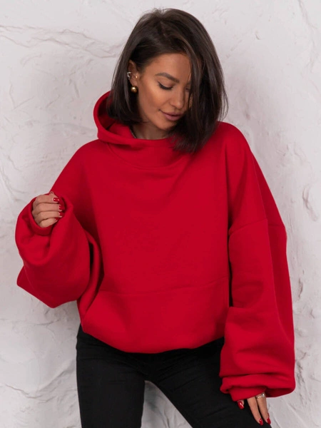 Bawełniana BLUZA z drapanego dresu z kapturem na stójce z kieszeniami kangurka czerwona E1