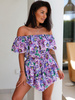 Zwiewny kombinezon hiszpanka z asymetrycznym dołem fioletowe kwiaty D287 k01
