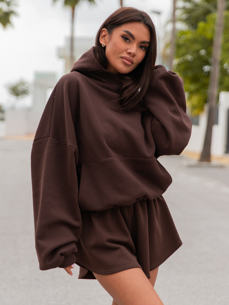 Viralowa Bawełniana BLUZA z drapanego dresu z kapturem na stójce z kieszeniami kangurka brązowa E1