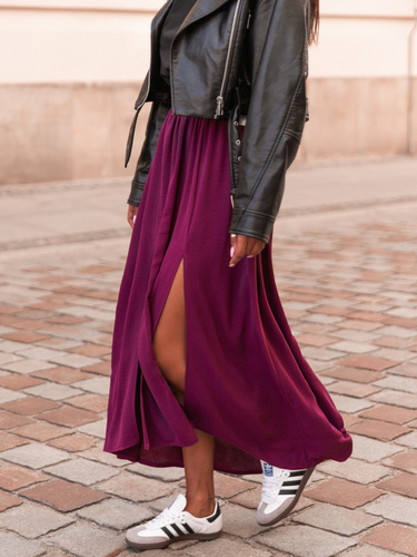 Zwiewna długa SPÓDNICA maxi z rozporkami bordowa E414