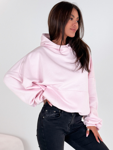 Bawełniana BLUZA z drapanego dresu z kapturem na stójce z kieszeniami kangurka baby pink E1