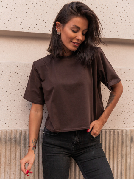 Bawełniany T-SHIRT bluzka z krótkim rękawem z poduszkami na ramionach brązowy E429