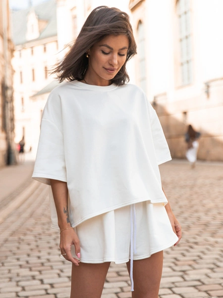 Dresowy bawełniany KOMPLET krótki oversizowy t-shirt i krótkie spodenki ecru X156 k01