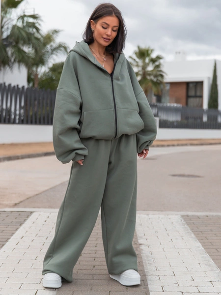 Dresowe bawełniane SPODNIE  z szerokimi nogawkami khaki X31 k01