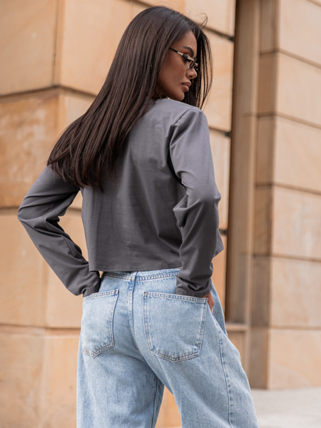 Bawełniany T-SHIRT bluzka z długim rękawem z poduszkami na ramionach grafitowa X308