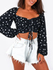 KRÓTKA MARSZCZONA BLUZKA SZEROKIE RĘKAWY czarna w grochy B162 k01