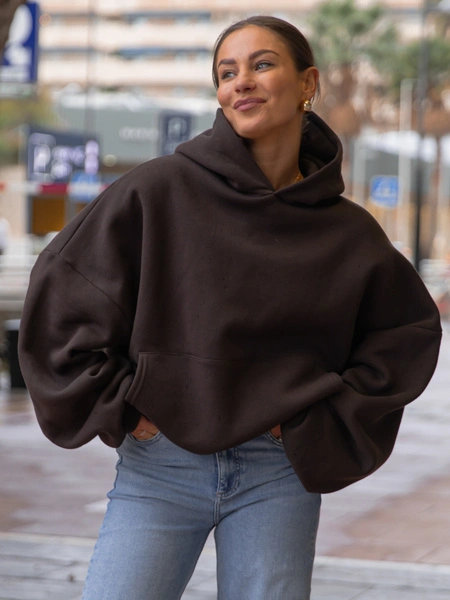 Viralowa Dresowa bawełniana BLUZA z kapturem oversize szeroka dark chocolate E644
