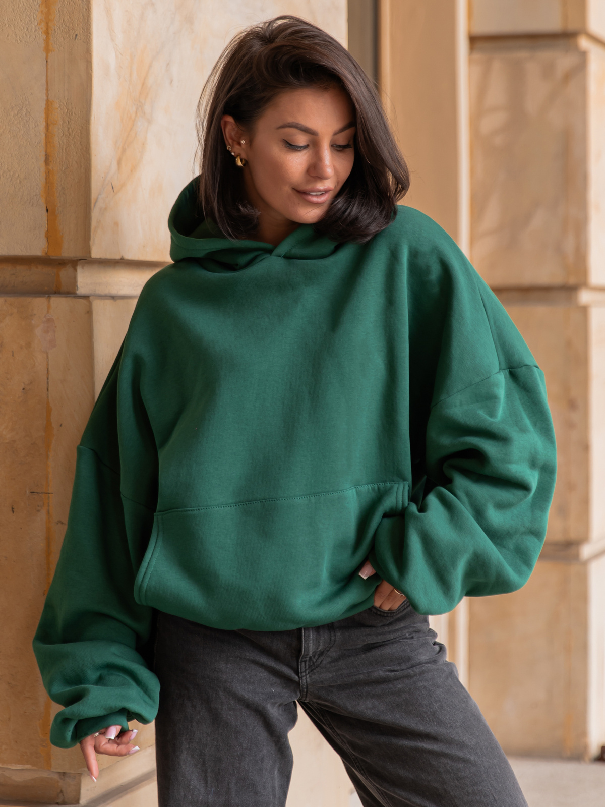 Viralowa Dresowa bawełniana BLUZA z kapturem oversize szeroka butelkowa zieleń E644