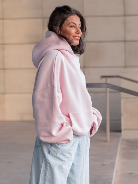 Viralowa Bawełniana BLUZA z drapanego dresu z kapturem na stójce z kieszeniami kangurka baby pink E1