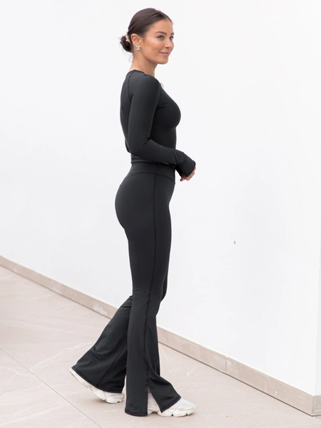 FITNESS / SIŁOWNIA / JOGA dopasowane SPODNIE legginsy z rozszerzanymi nogawkami z wysokim stanem czarne F103