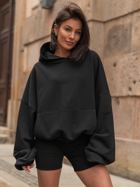 Luźna BLUZA z kapturem oversize szeroka z bawełnianej dresówki niedrapanej od wewnątrz czarna X150
