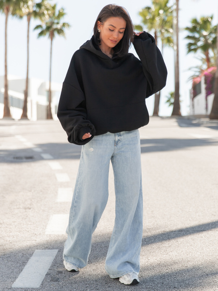 Viralowa Dresowa bawełniana BLUZA z kapturem oversize szeroka czarna E644