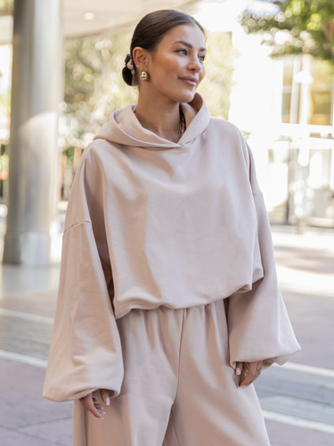 Bawełniana dresowa BLUZA z kapturem oversize z szerokimi rękawami z dresu pętelkowego beżowa X515