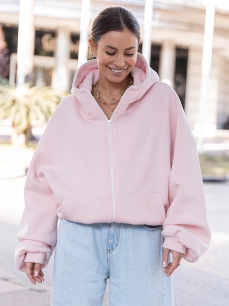Bawełniana oversizowa BLUZA z kapturem zapinana na zamek z dresu drapanego baby pink X508