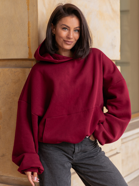 Viralowa Dresowa bawełniana BLUZA z kapturem oversize szeroka bordowa E644