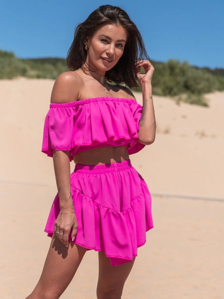 KOMPLET bluzka hiszpanka z odkrytymi ramionami i asymetryczne spódnico spodenki ze zwiewnej tkaniny amarant X123 k01