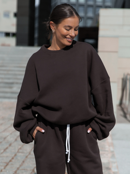 Dresowa bawełniana BLUZA oversize szeroka dark chocolate X402