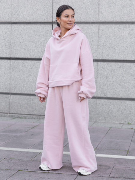 Bawełniane dresowe SPODNIE szeroki krój bez ściągaczy z dresu drapanego baby pink X512