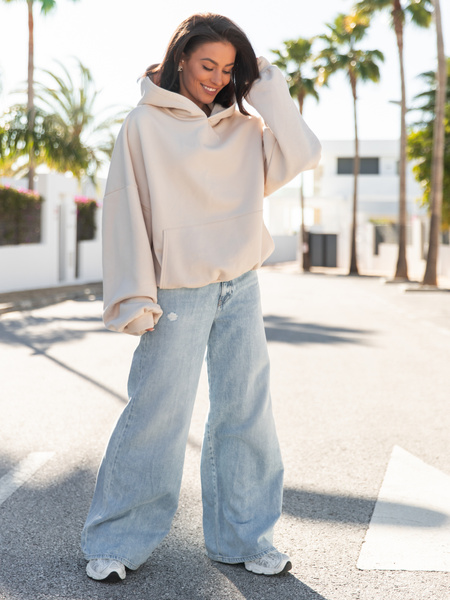 Viralowa Dresowa bawełniana BLUZA z kapturem oversize szeroka waniliowa E644 k01