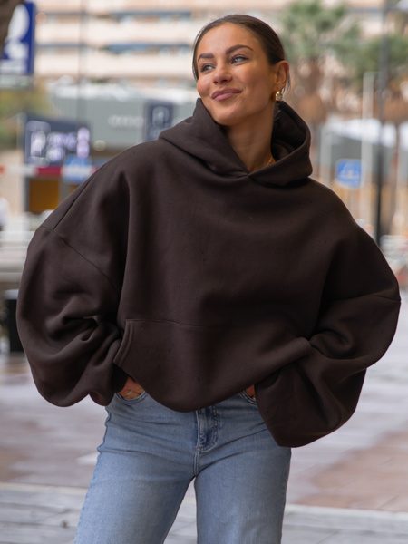 Viralowa Dresowa bawełniana BLUZA z kapturem oversize szeroka dark chocolate E644