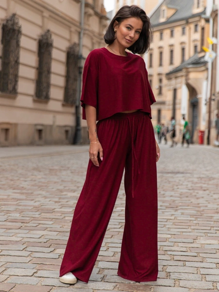 Szerokie SPODNIE z wiskozy ze średnim stanem z gumką w pasie bordowe X202 k01