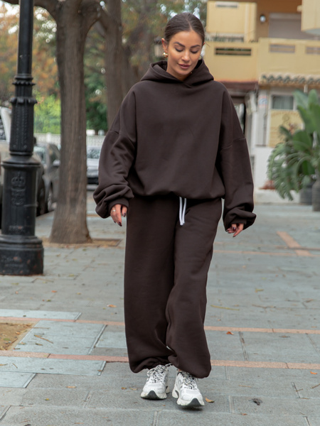 Dresowe bawełniane SPODNIE baggy niski stan dark chocolate X403