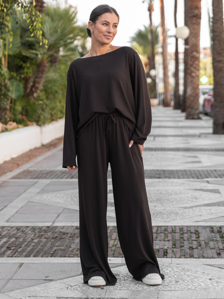 Luźne komfortowe SPODNIE z prążkowanej dzianiny wiscoza i bawełna czekoladowe X507