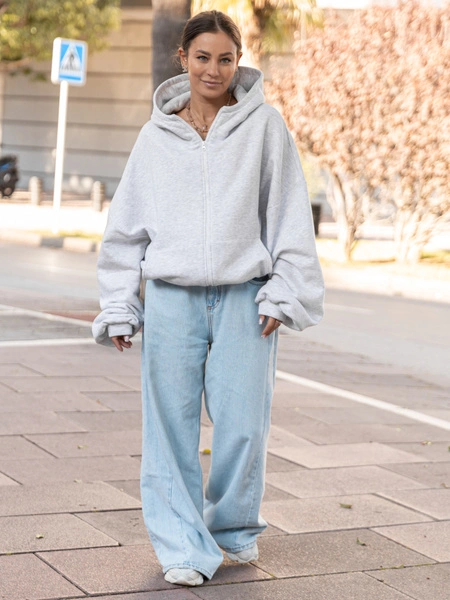 Bawełniana oversizowa BLUZA z kapturem zapinana na zamek z dresu drapanego szary melanż X508