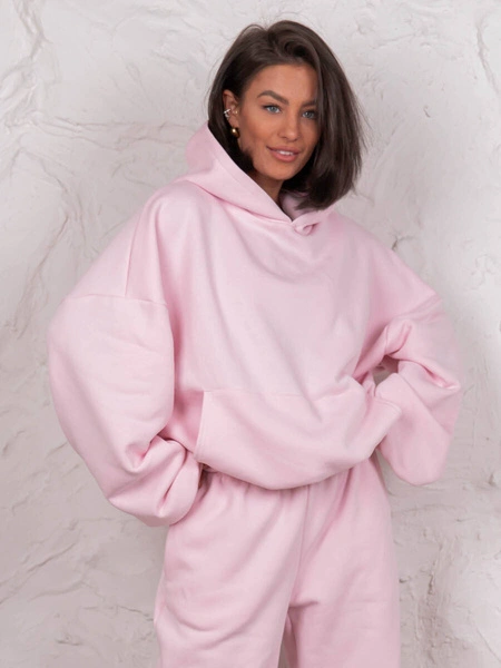 Dresowa bawełniana BLUZA z kapturem oversize szeroka baby pink E644
