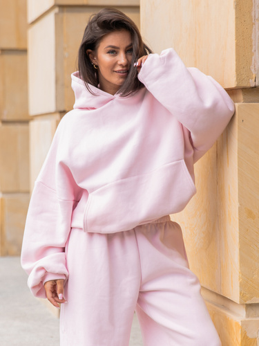 Viralowa Dresowa bawełniana BLUZA z kapturem oversize szeroka baby pink E644