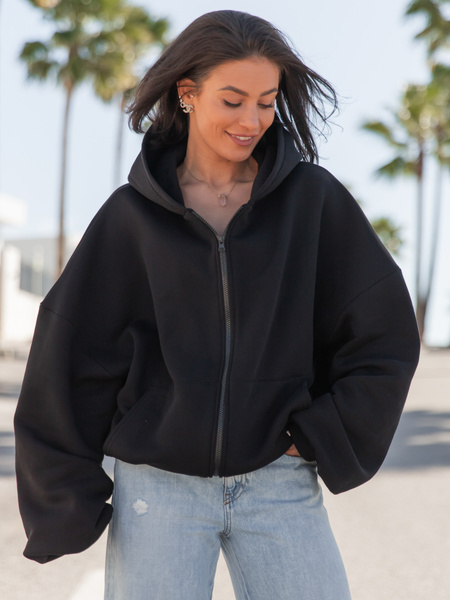 Oversizowa BLUZA z kapturem zapinana na zamek bluzowana kangurka z bawełnianej dresówki czarna X1