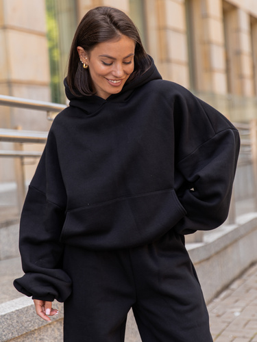 Viralowa Dresowa bawełniana BLUZA z kapturem oversize szeroka czarna E644