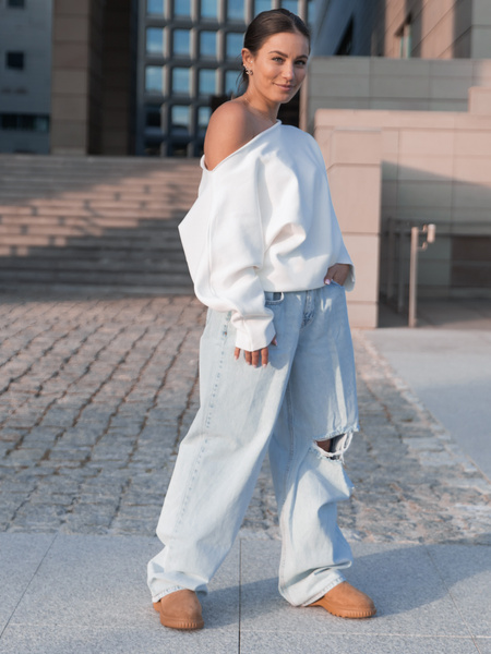 Dresowa bawełniana BLUZA opuszczana na ramiona oversize szeroka ecru X413