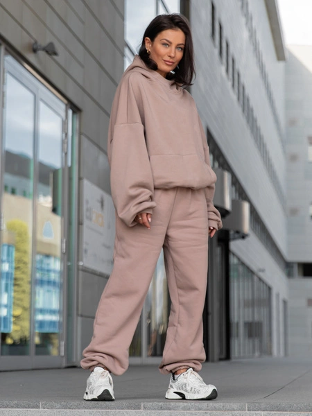 Viralowa Bawełniana BLUZA z drapanego dresu z kapturem na stójce z kieszeniami kangurka mokka E1