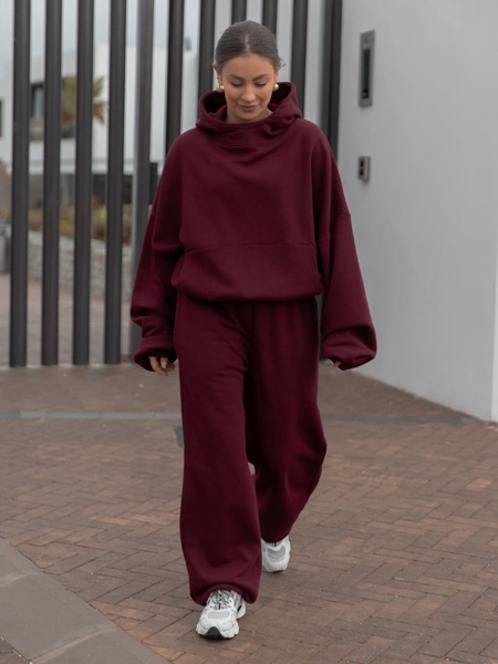 Oversizowy KOMPLET z drapanego bawełnianego dresu bluza z kapturem na stójce kangurka i spodnie szerokie baggy bordowy E1 + E643