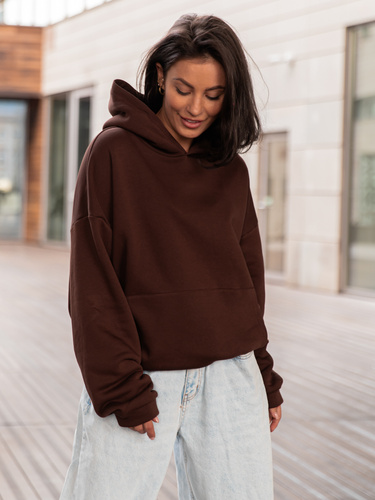 Dresowa bawełniana BLUZA z kapturem kangurka o klasycznym kroju brązowa X350