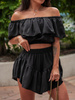 KOMPLET bluzka hiszpanka z odkrytymi ramiona i asymetryczne spódnico spodenki ze zwiewnej tkaniny czarny E286 k01