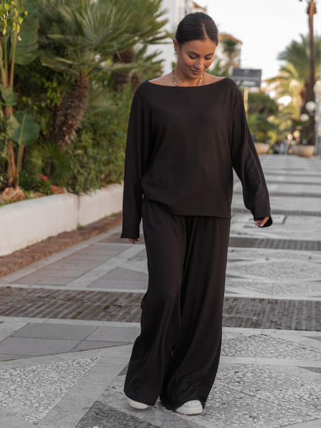 Luźna komfortowa BLUZKA z długim rękawem z prążkowanej dzianiny wiskoza i bawełna czekoladowa X506