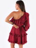 ASYMETRYCZNA ROZKLOSZOWANA SUKIENKA NA JEDNO RAMIĘ bordowa B171 k01