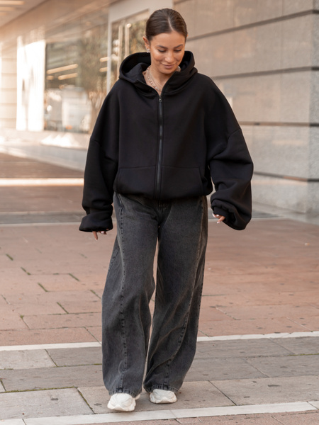 Bawełniana oversizowa BLUZA z kapturem zapinana na zamek z dresu drapanego czarna X508