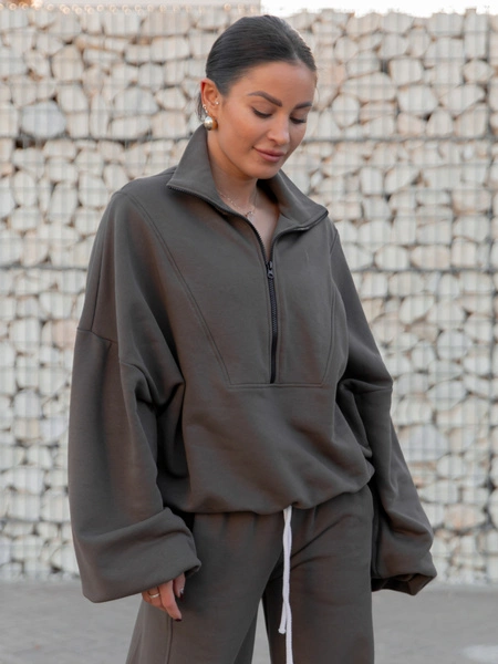 Oversizowa bawełniana BLUZA z dresu drapanego na stójce z zamkiem dark mokka X477