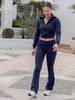 Dopasowany KOMPLET z elastycznej dzianiny dresowej rozpinana bluza i spodnie z rozszerzanymi nogawkami navy blue X556